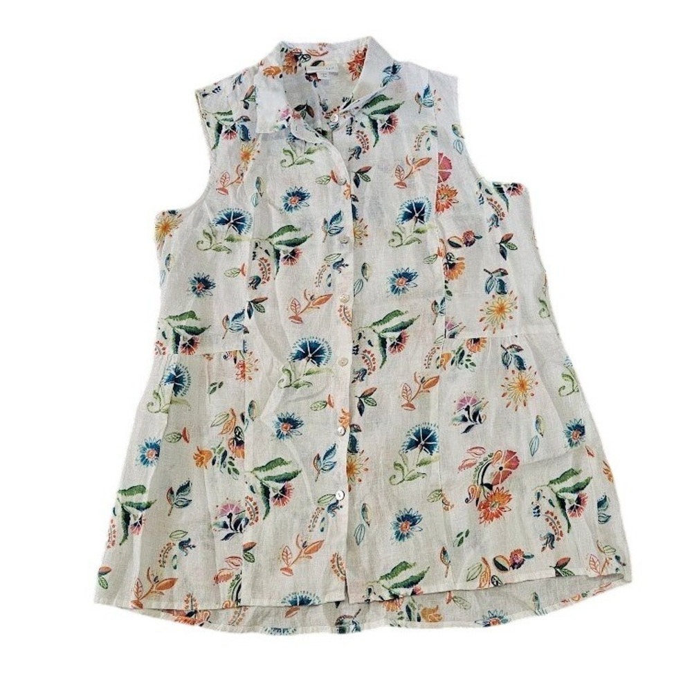 J. Jill Love Linen Sleeveless Floral Tank Top Medium Petite White Multicolor